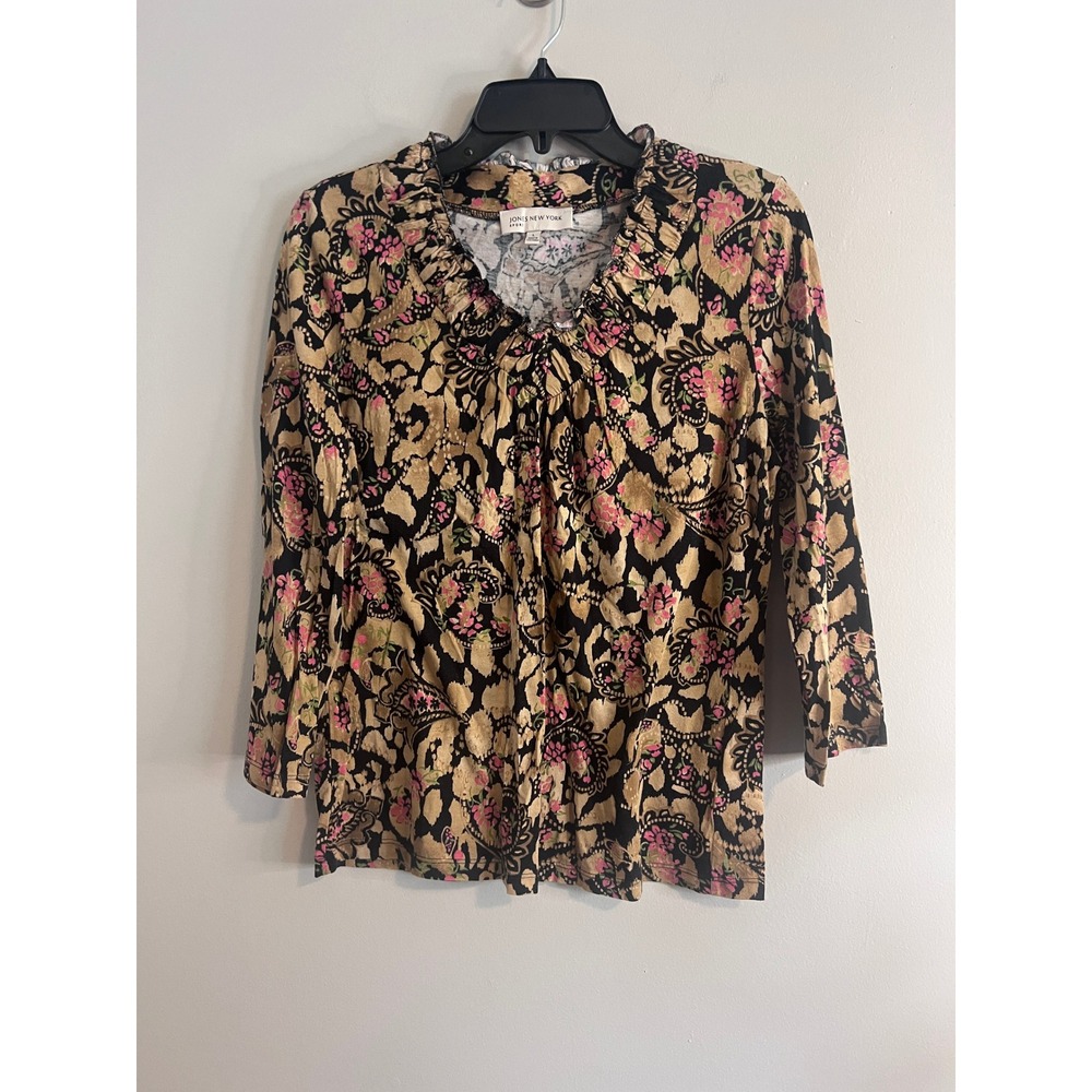 Jones New York Sport Tan Pink Floral Paisley Ruffle V-Neck 3/4 Sleeve Top L